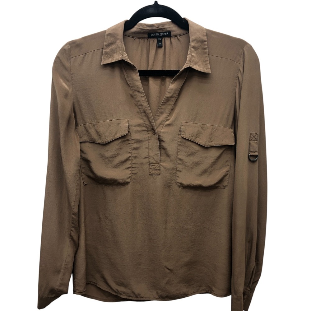 Eileen Fisher Shirt Womens Petite Extra Small Brown Silk Utility Blouse Pockets